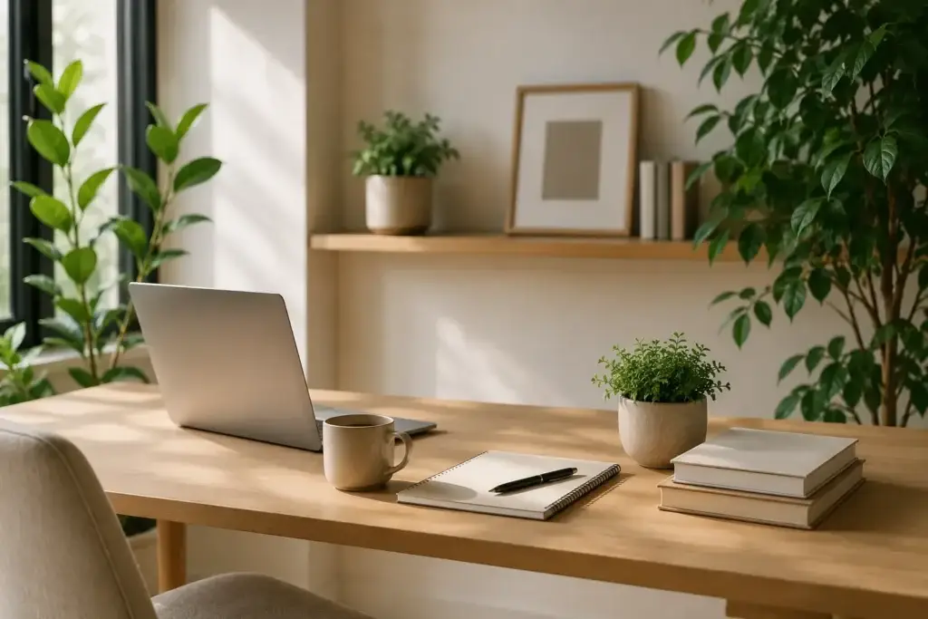 Lichte werkplek met laptop en notitieboek voor contact met Woon World