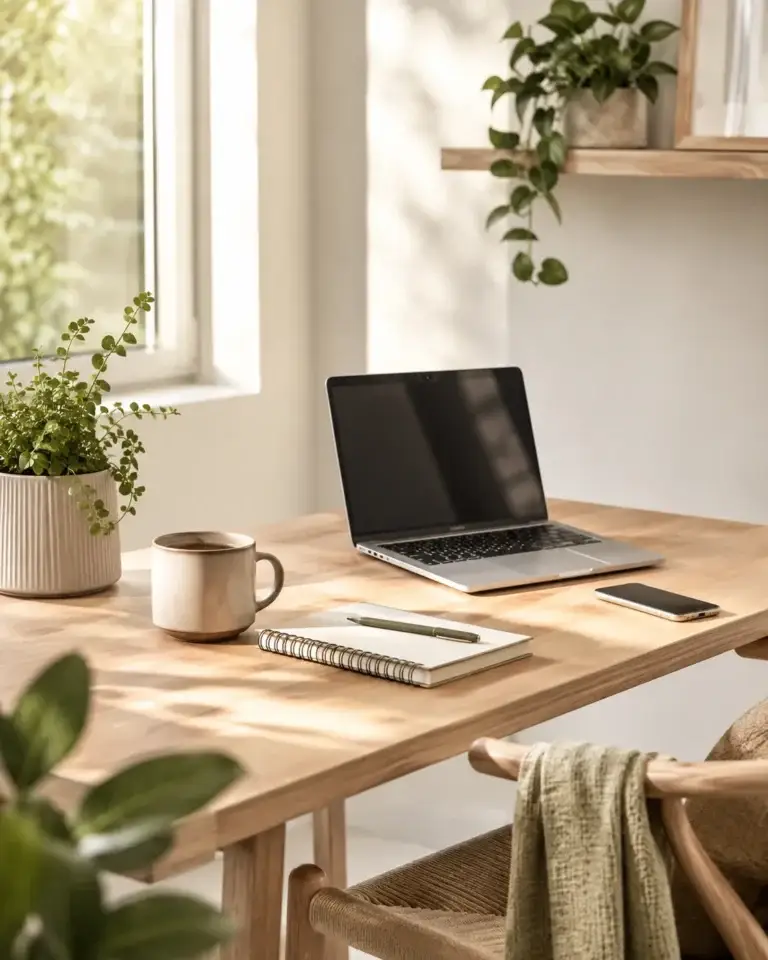 Werkplek met laptop, telefoon en notitieboek voor contact met Woon World