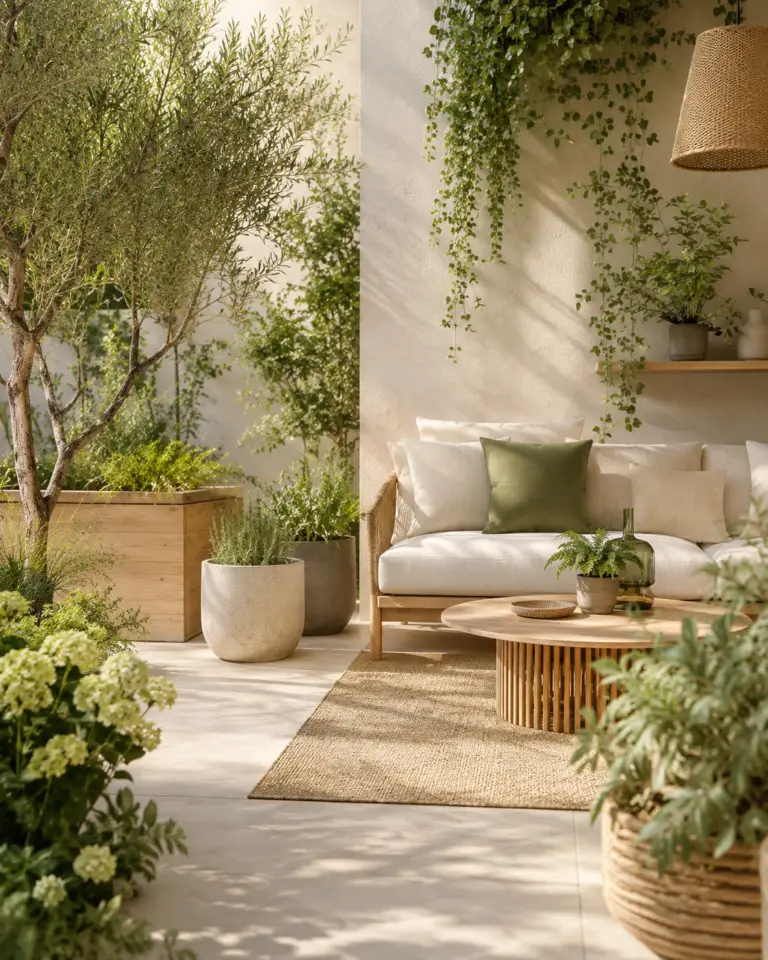 Sfeervol overdekt terras met planten, lichte tuinbank en houten salontafel