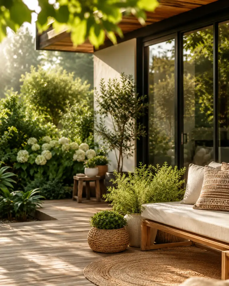 Groene tuin met houten terras, comfortabele tuinbank en sfeervolle beplanting