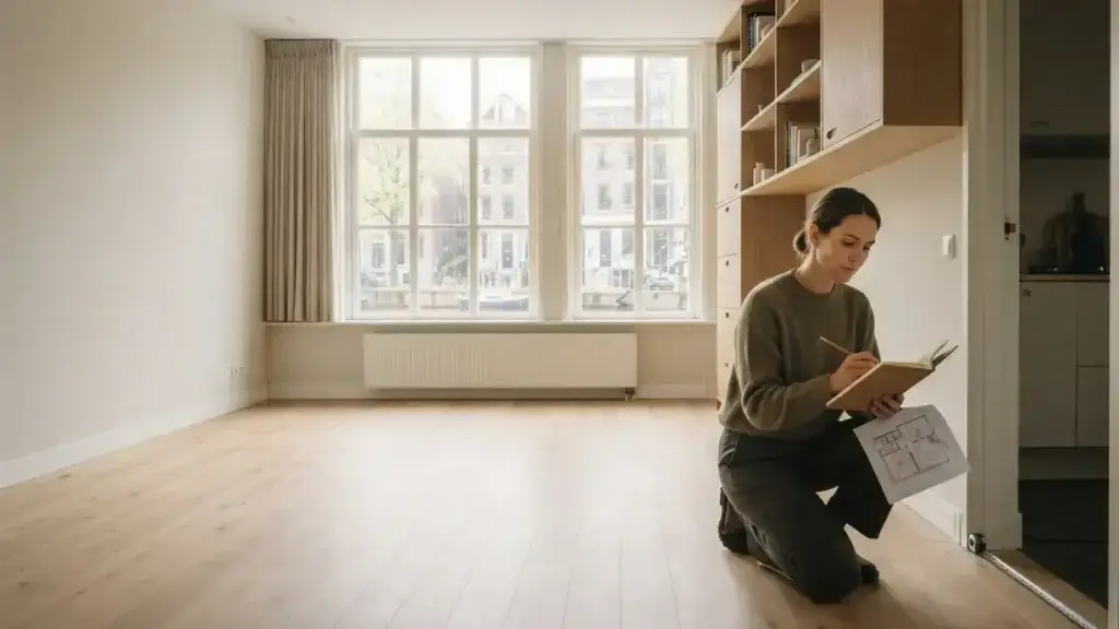 Bewoner meet een klein appartement op voor een praktische indeling