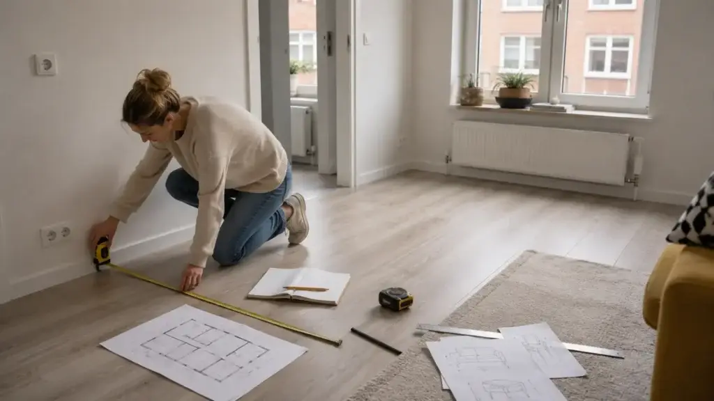 Bewoner meet een kleine woning op voor een praktische indeling