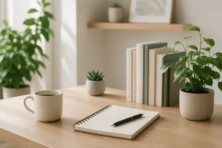Rustige werkplek met notitieboek, boeken en groene planten voor extra wooninspiratie