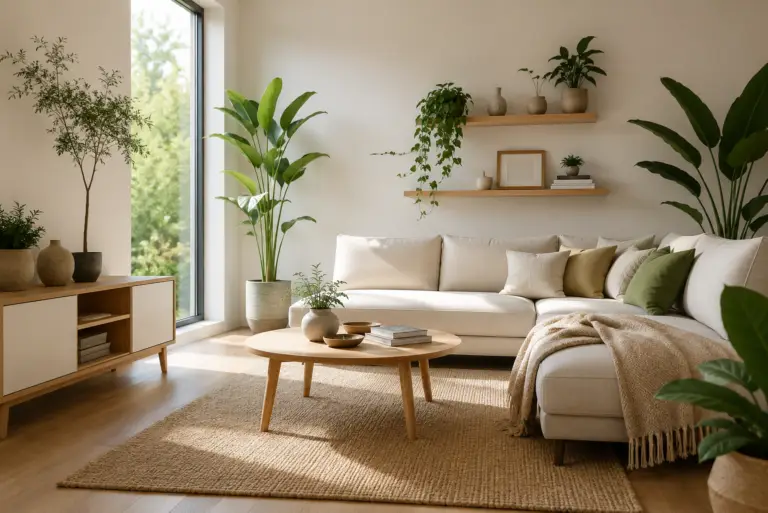 Lichte moderne woonkamer met houten meubels, groene planten en natuurlijke kleuren