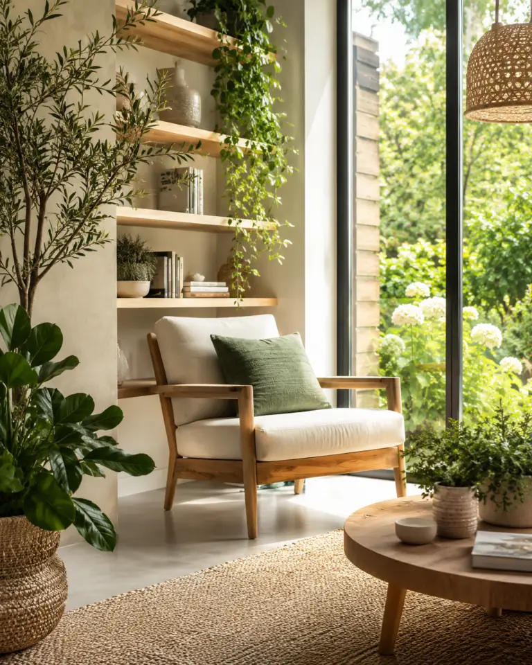 Licht interieur met houten fauteuil, kamerplanten en uitzicht op een groene tuin