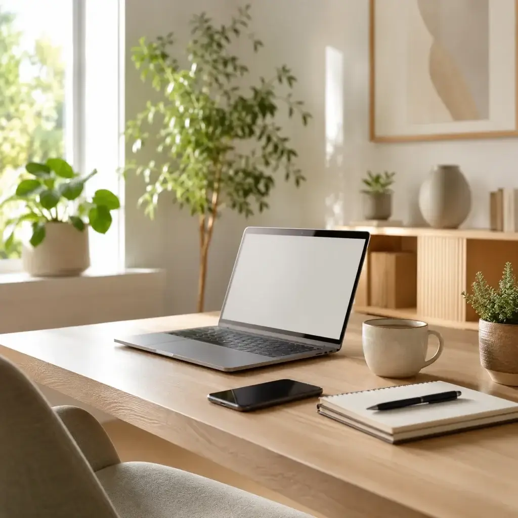 Lichte werkplek met laptop, telefoon en notitieboek voor online contact met Woon World