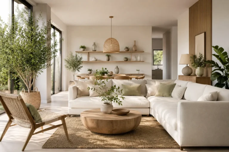Lichte woonkamer met natuurlijke materialen, groene planten en duurzaam interieur