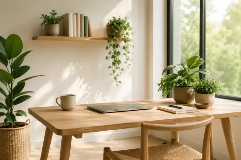 Lichte thuiswerkplek met laptop, houten bureau en groene kamerplanten