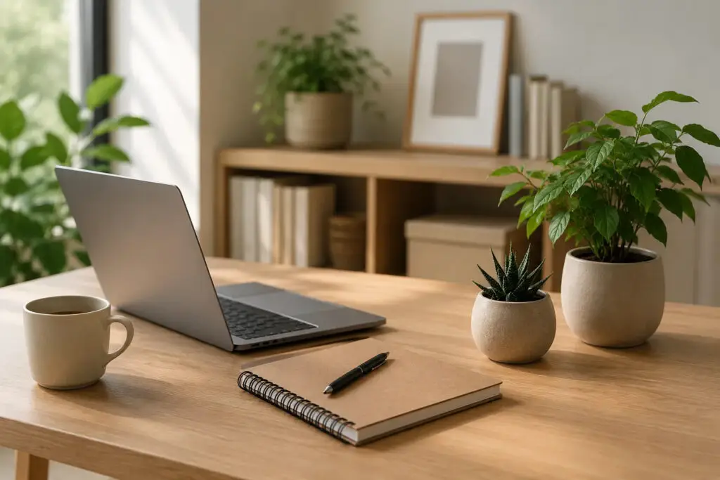 Lichte werkplek met laptop, notitieboek en planten voor registratie bij Woon World
