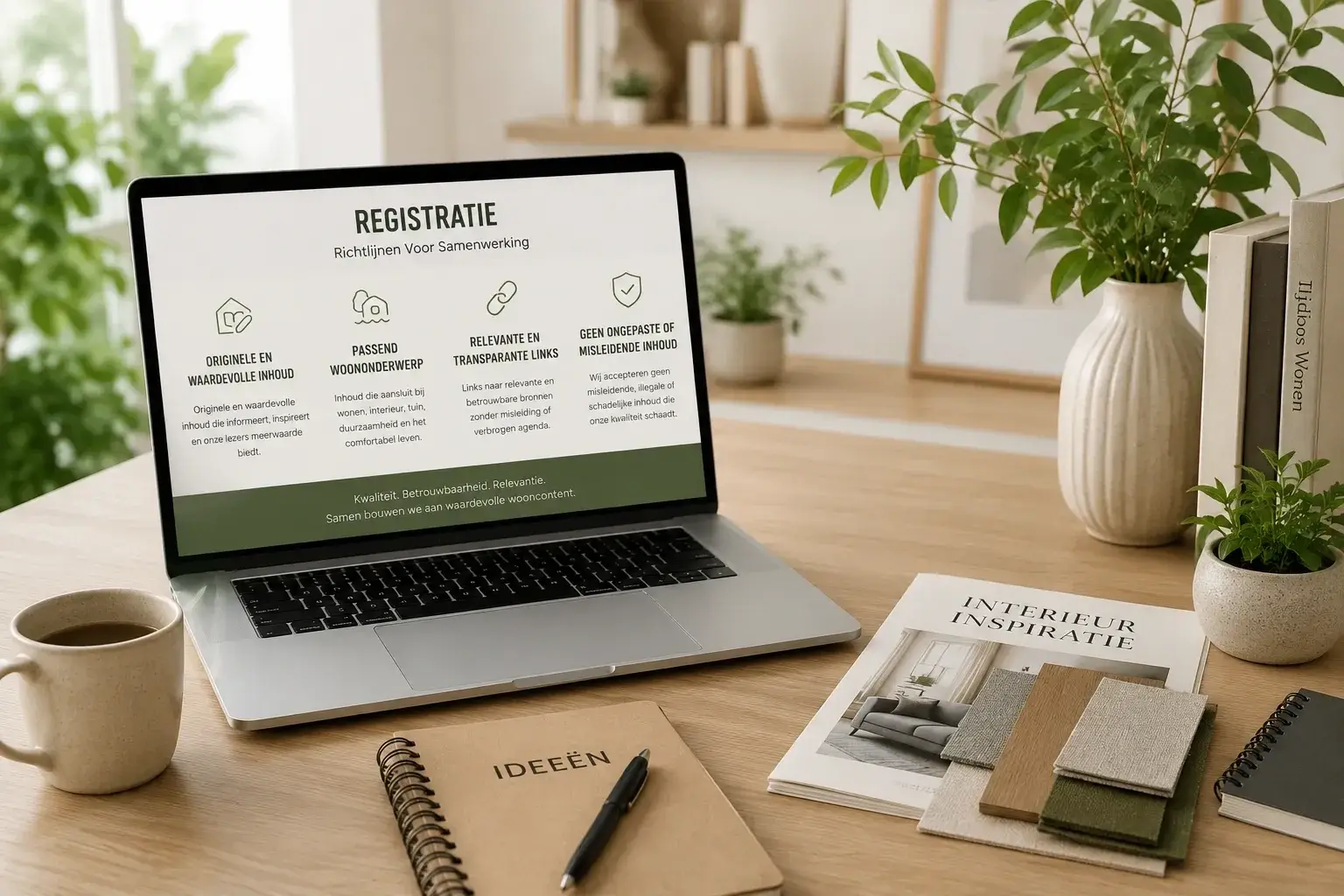 Werkplek met laptop, checklist en woonmagazines voor registratie bij Woon World