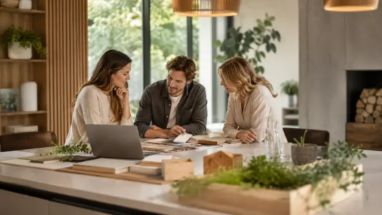 Woonpartners bespreken interieurmaterialen en duurzame woonoplossingen aan tafel