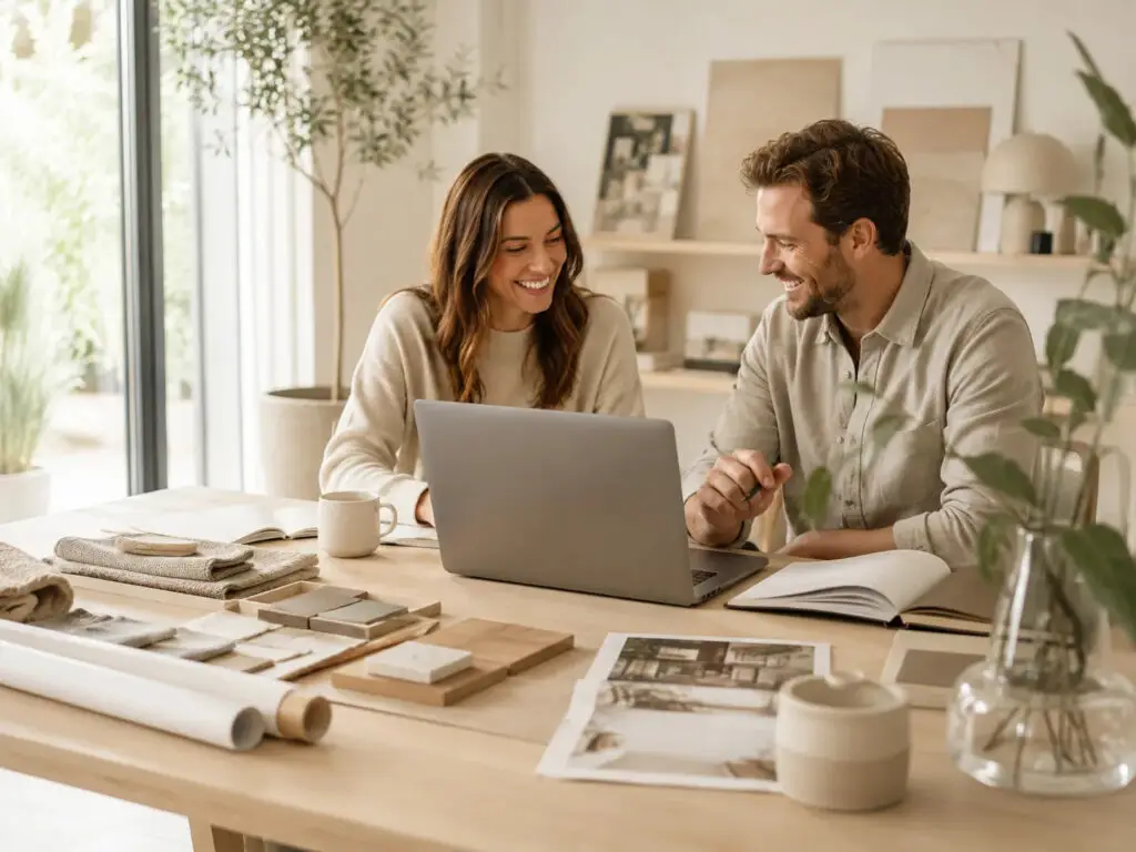 Twee woonprofessionals bespreken een samenwerking met laptop en interieurmaterialen