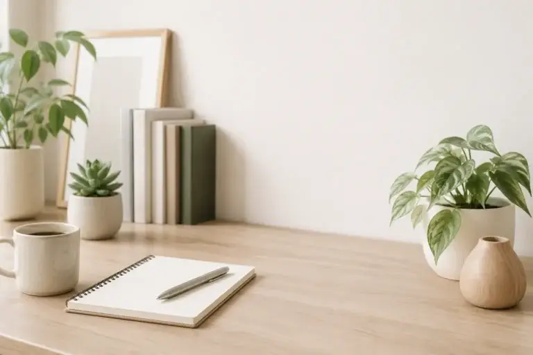 Rustige werkplek met notitieboek, pen, boeken en groene planten voor veelgestelde vragen