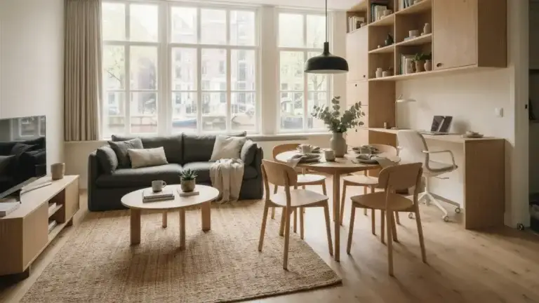 Verticale opbergruimte in een klein appartement met hoge kasten